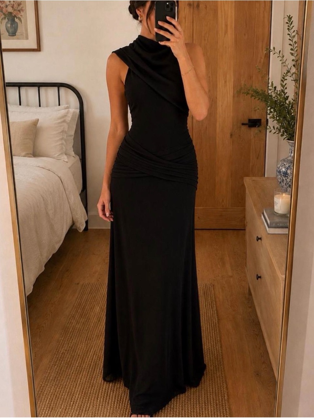 Meshki Black Draped High-Neck Maxi Dress